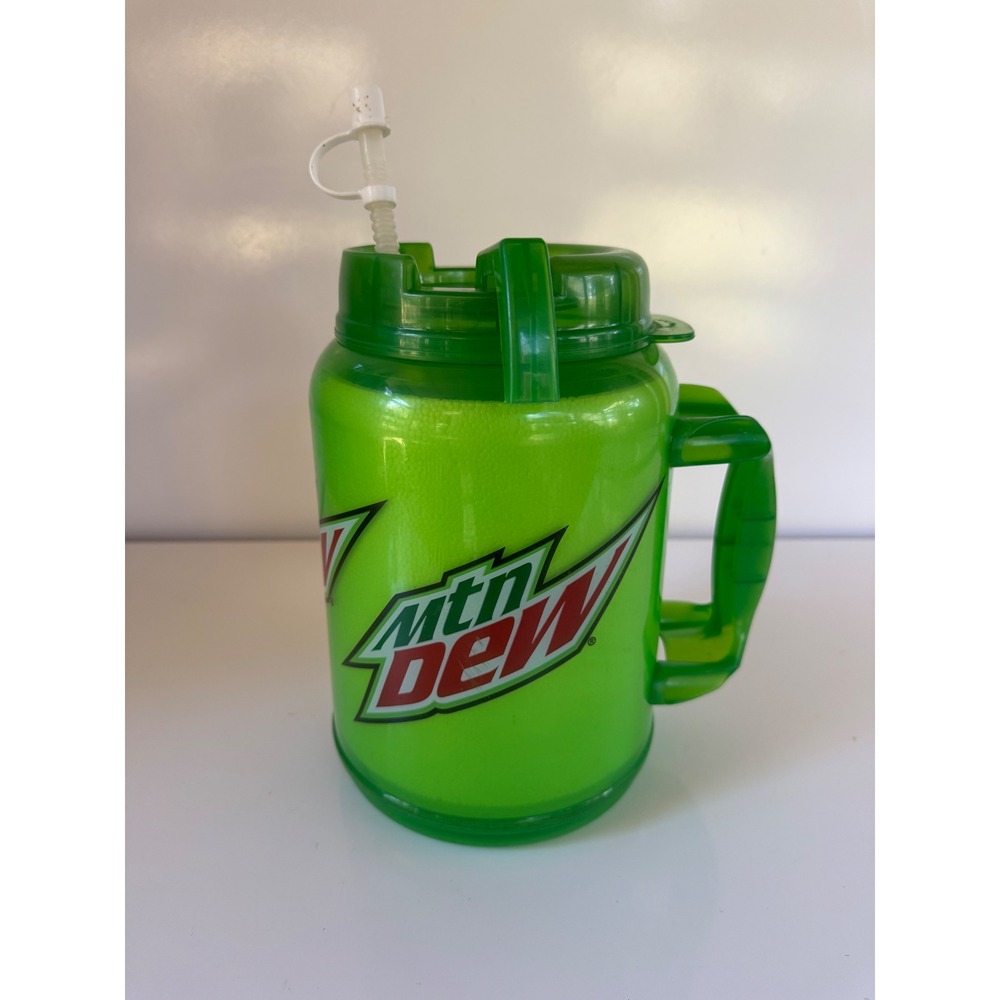 Mountain Dew Mtn Dew Insulated Plastic Travel Mug with Handle and Straw Green